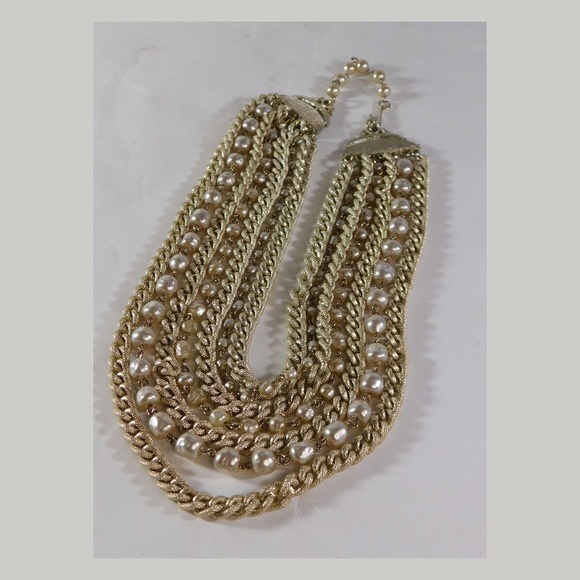 Vintage 70s Seven Chain and Faux Pearl Choker Necklace - Picture 4 of 6